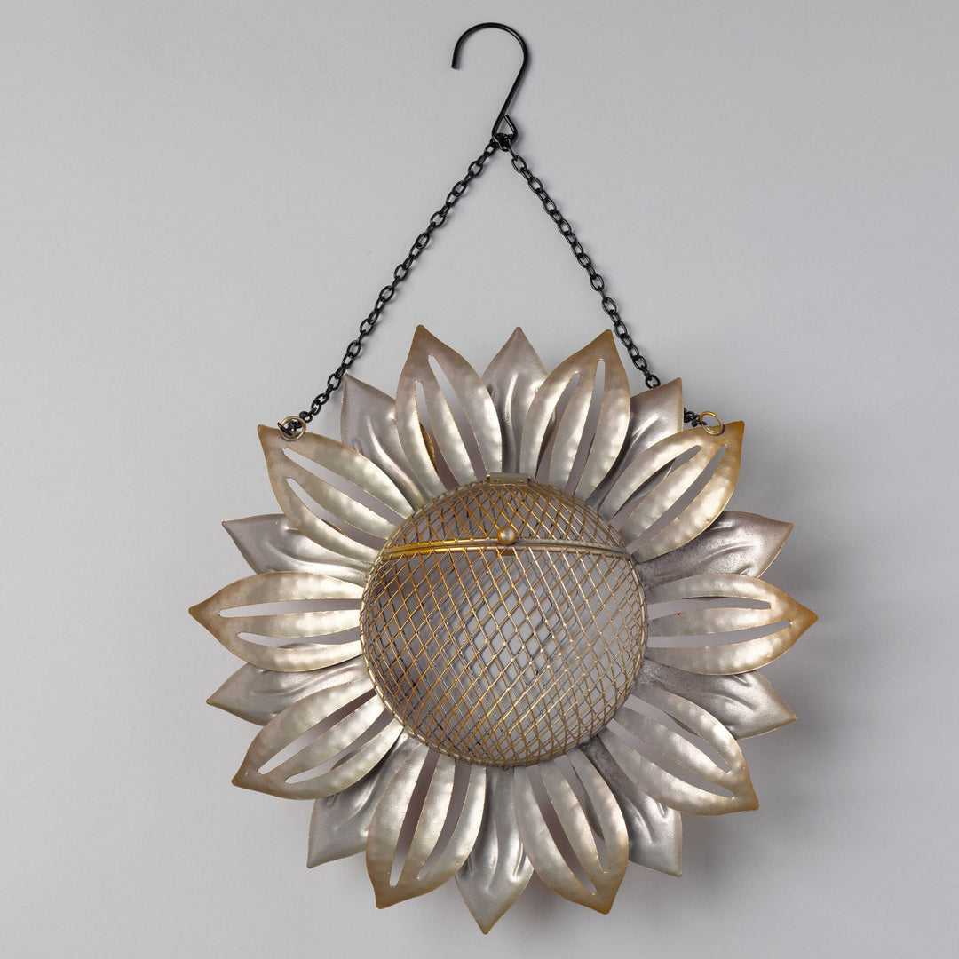 Hanging metal sunflower bird feeder with wire mesh seed dome and chain hook
