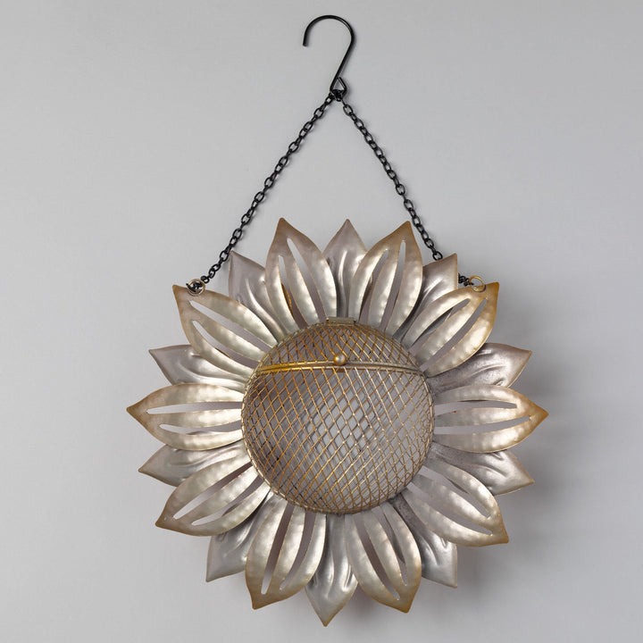 Hanging metal sunflower bird feeder with wire mesh seed dome and chain hook