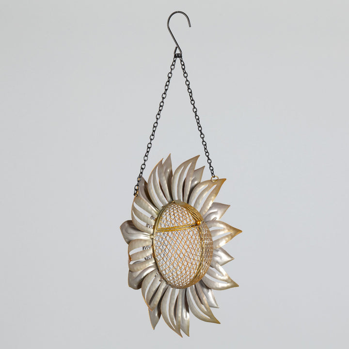 Hanging sunflower mesh bird feeder with silver petals and round wire mesh seed cage