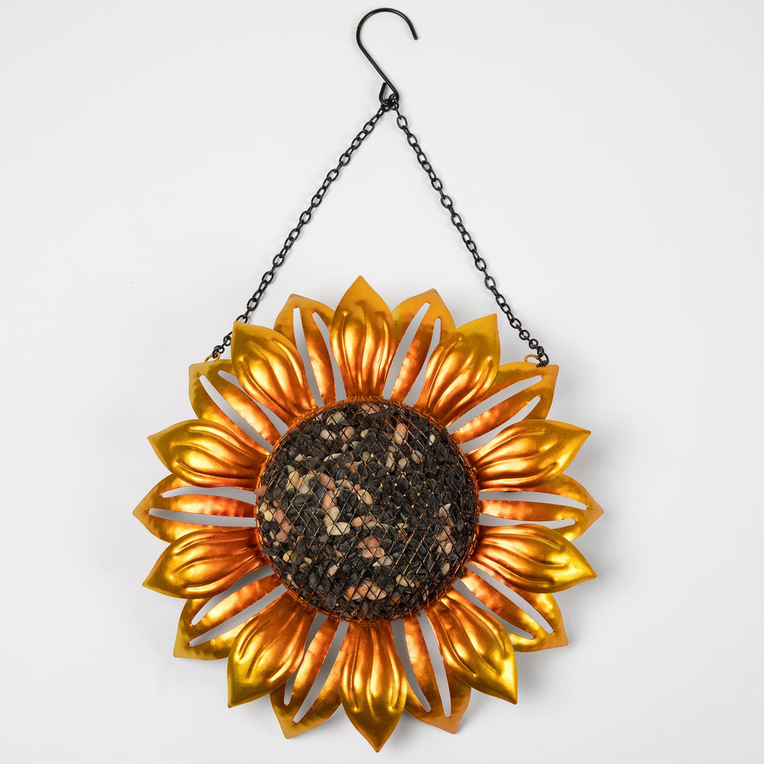 Hanging sunflower mesh bird feeder with golden petals and black seed mesh center