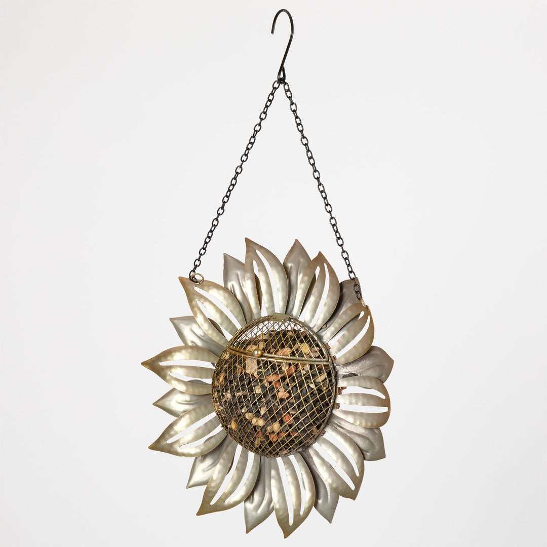 Hanging sunflower mesh bird feeder with silver petals and round wire mesh seed cage