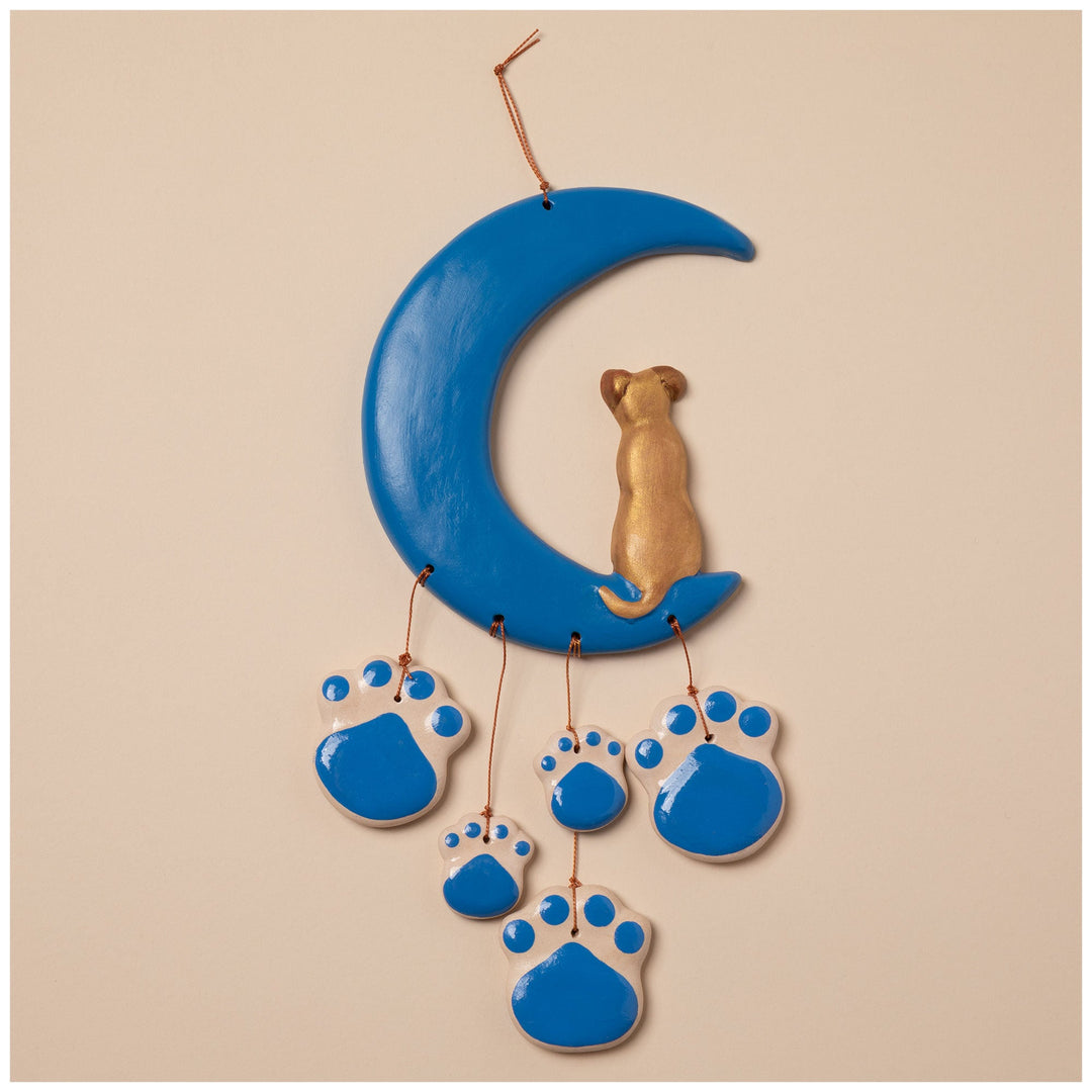 Ceramic cat paw moon wind chime with blue moon piece and gold cat figurine