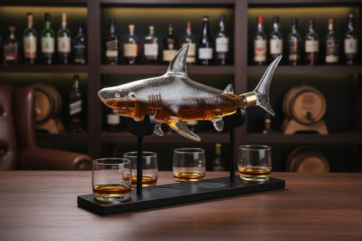 Shark Shaped Glass Decanter Set – 1000ml Decanter + 4 Cups & Shelf