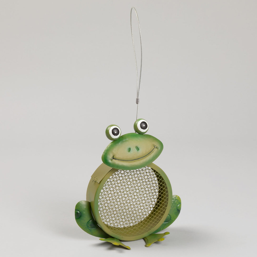 Green frog bird feeder with round mesh basket and hanging cord