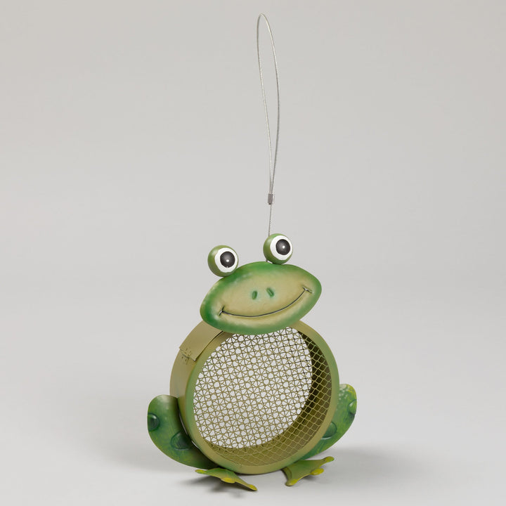 Green frog bird feeder with round mesh basket and hanging cord