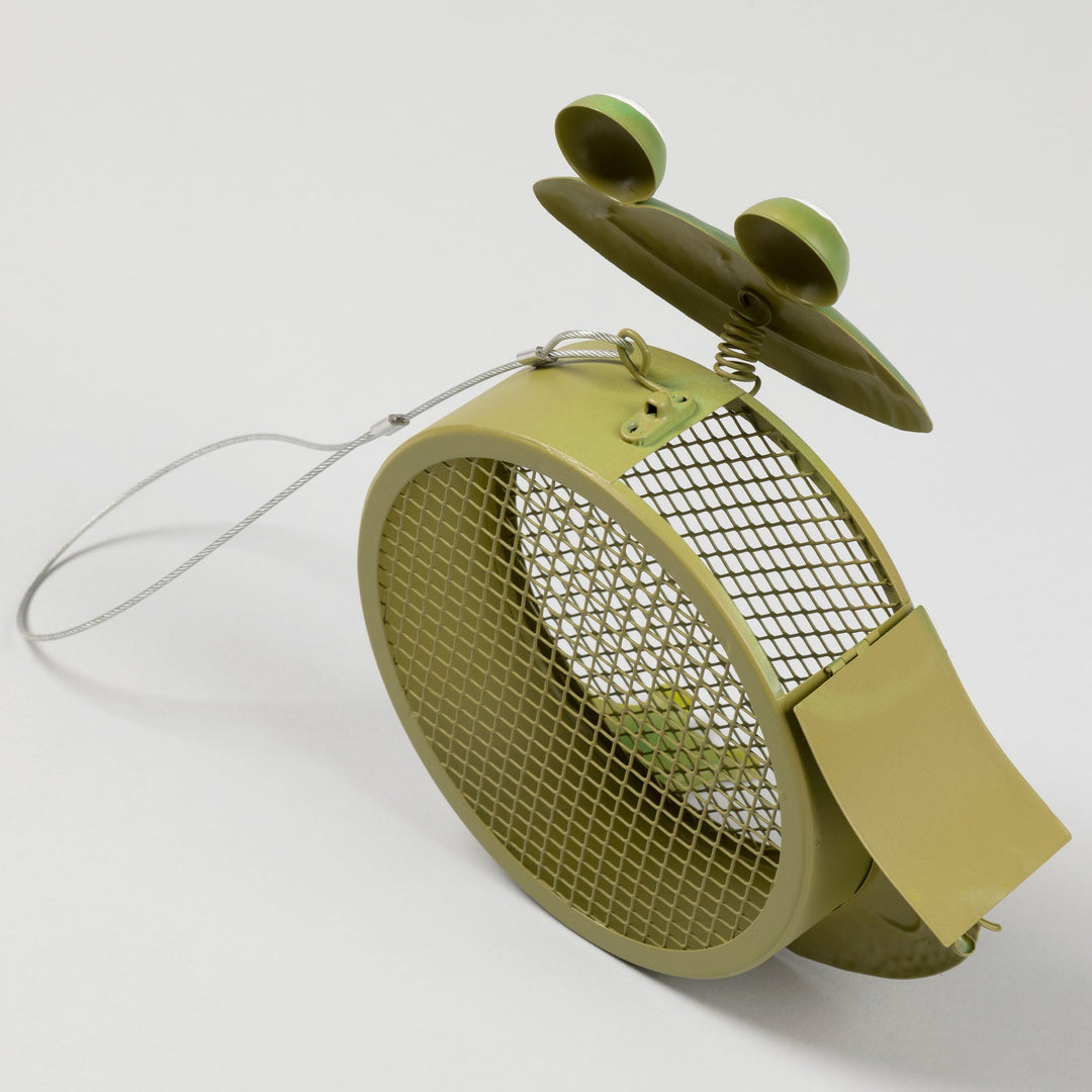 Green frog bird feeder viewed from side, with round mesh basket and tail