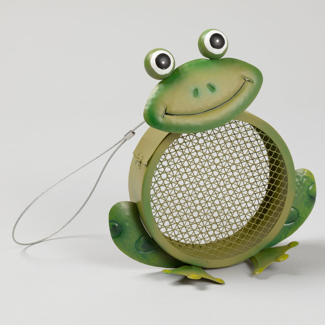 Green frog hanging bird feeder with round mesh screen and big googly eyes