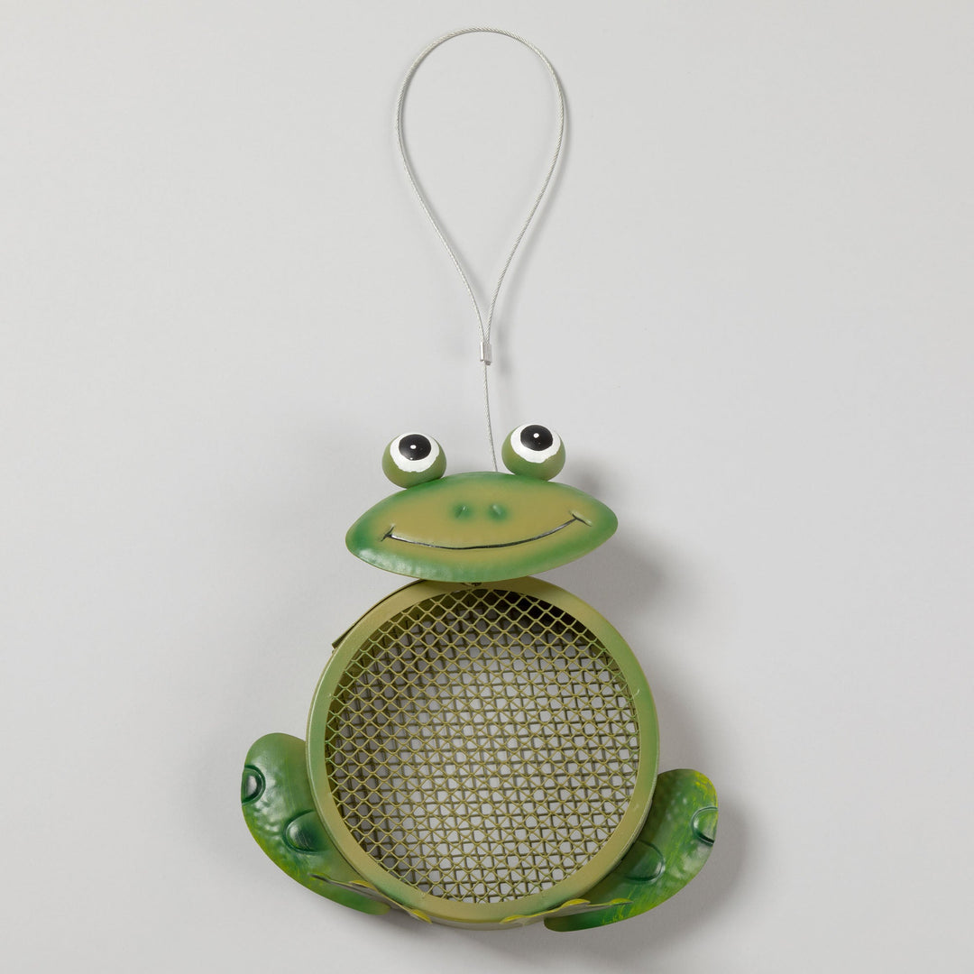 Green frog hanging bird feeder with round mesh screen and curved feet