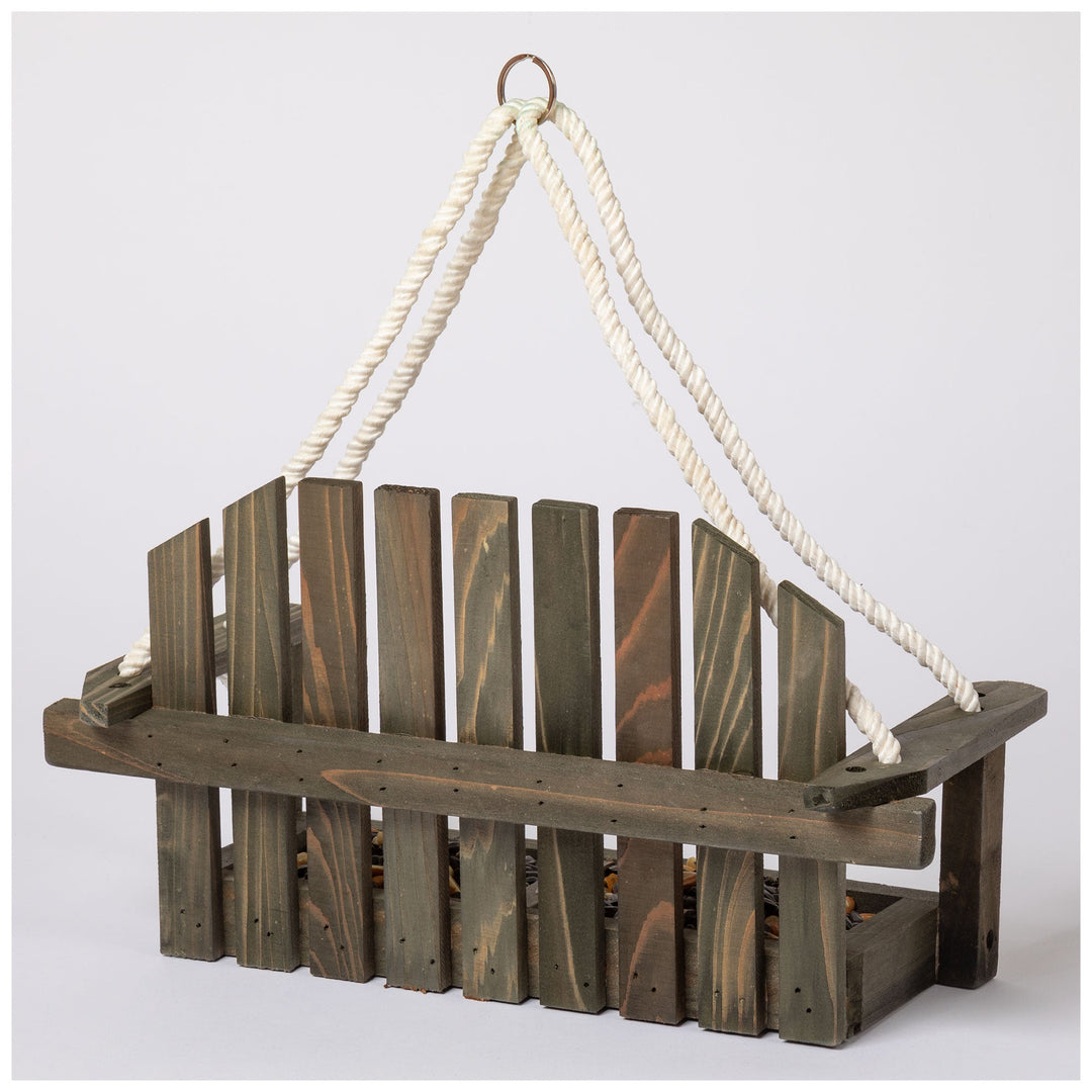 Hanging bird and squirrel feeder front view with wooden slats and braided rope