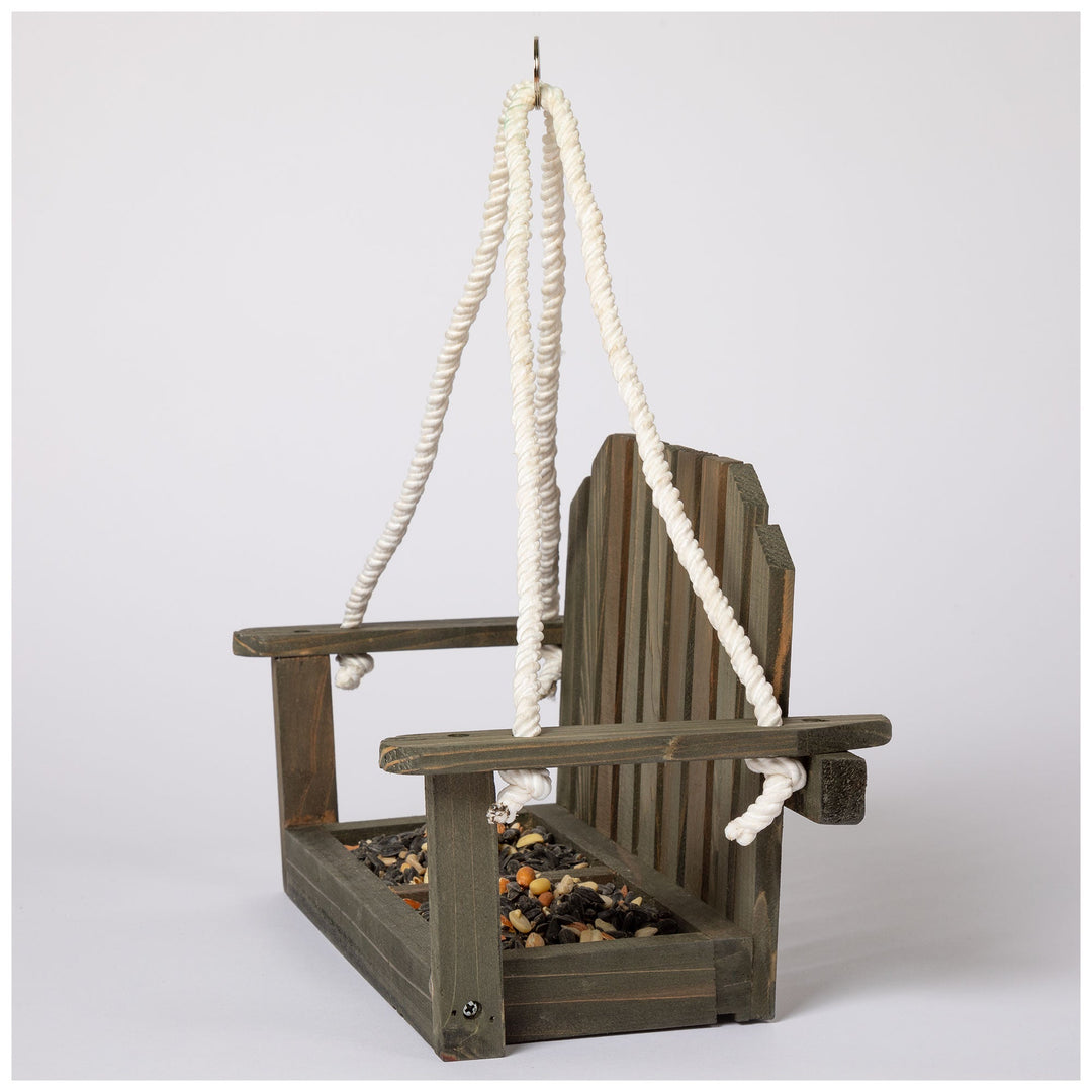 Hanging bird and squirrel feeder side view with slatted wood and braided rope