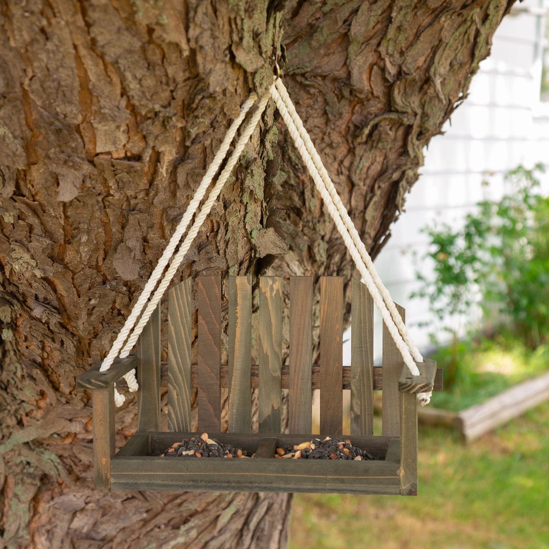 Hanging bird and squirrel feeder with slatted wooden tray and braided rope
