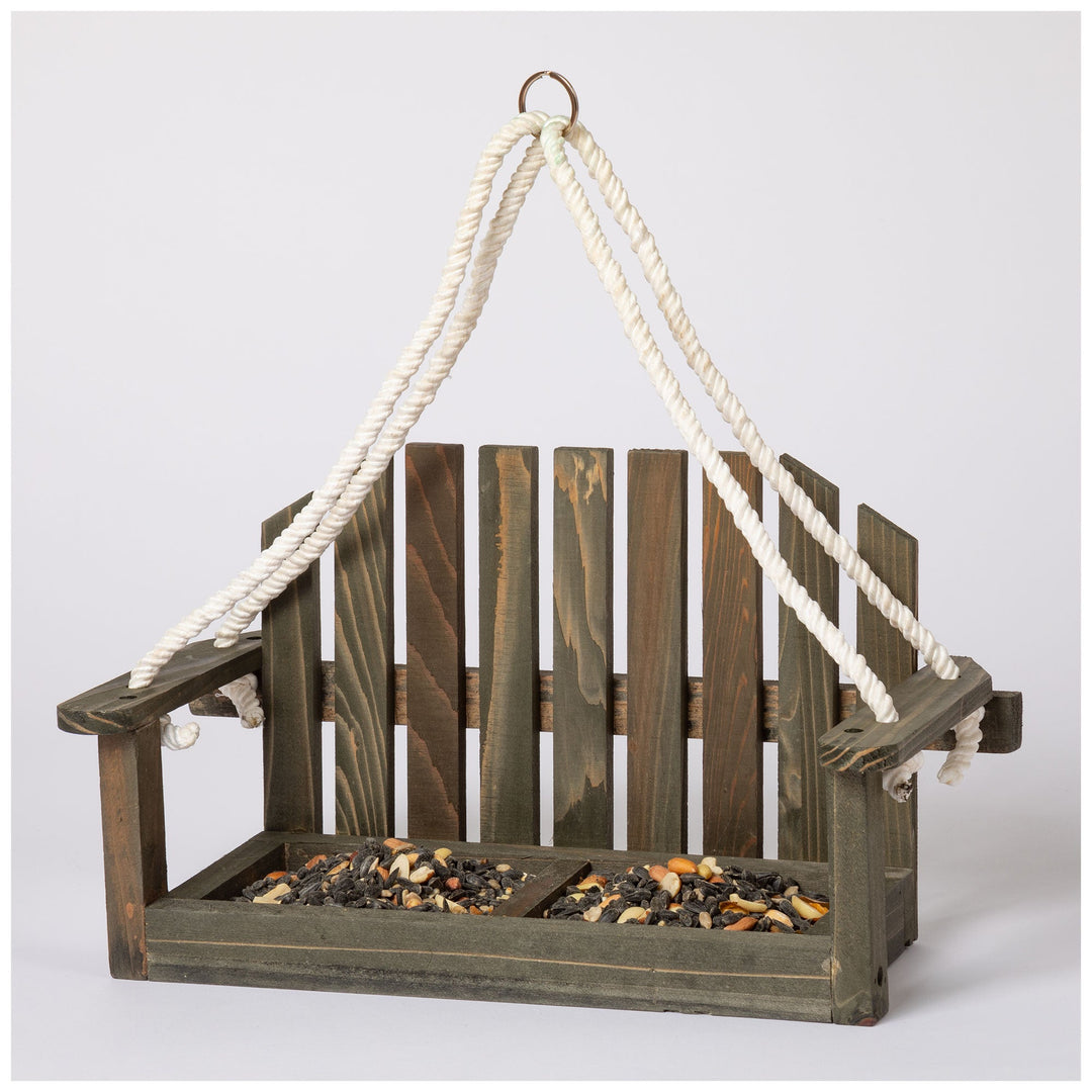 Hanging bird and squirrel feeder with gray-brown slats, rope handles, open tray
