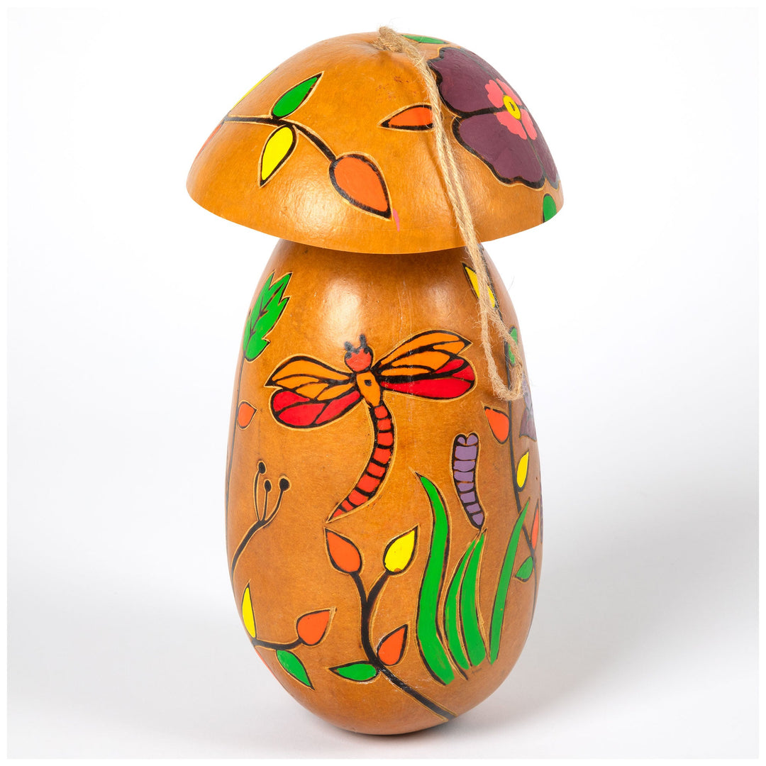 Hand-painted gourd birdhouse with dragonfly motif and painted garden leaves