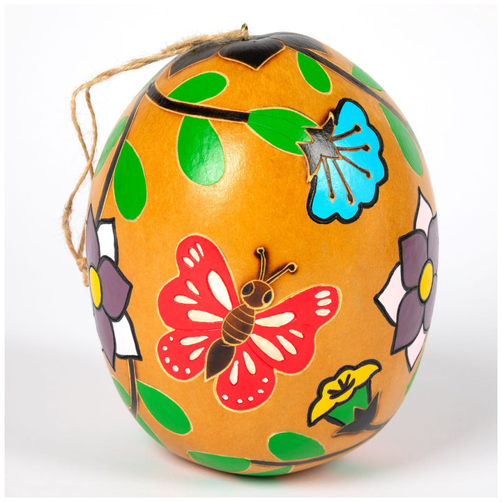 Hand-painted gourd birdhouse with red butterfly and small insect details around the entrance
