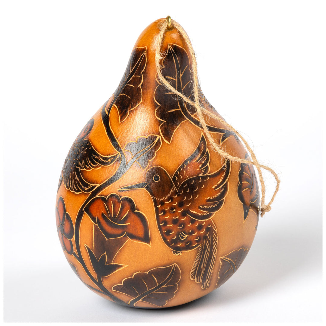 Orange gourd birdhouse with black feathered bird and floral shapes, looped hanging twine