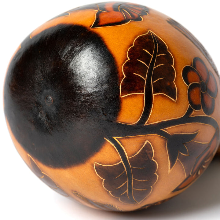 Gourd birdhouse close-up, black cap over orange, painted leaves and vines