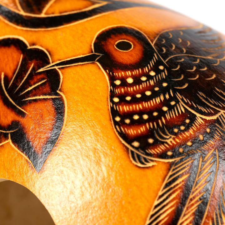 Gourd birdhouse close-up of painted bird face with ornate black and orange details