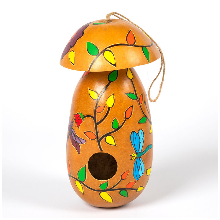 Hand-painted gourd birdhouse with round entrance hole and dangling hanging cord