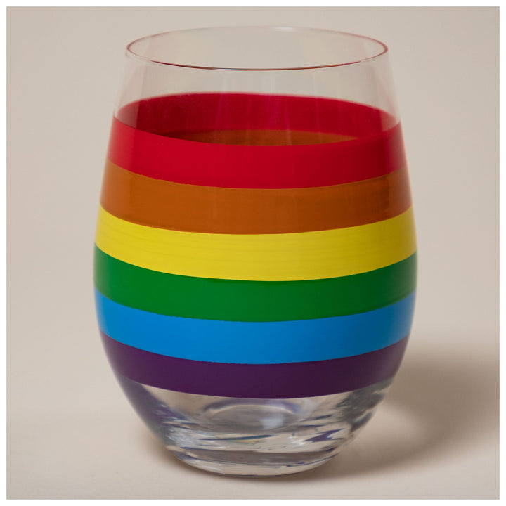 Rainbow-striped stemless wine glass with no visible text