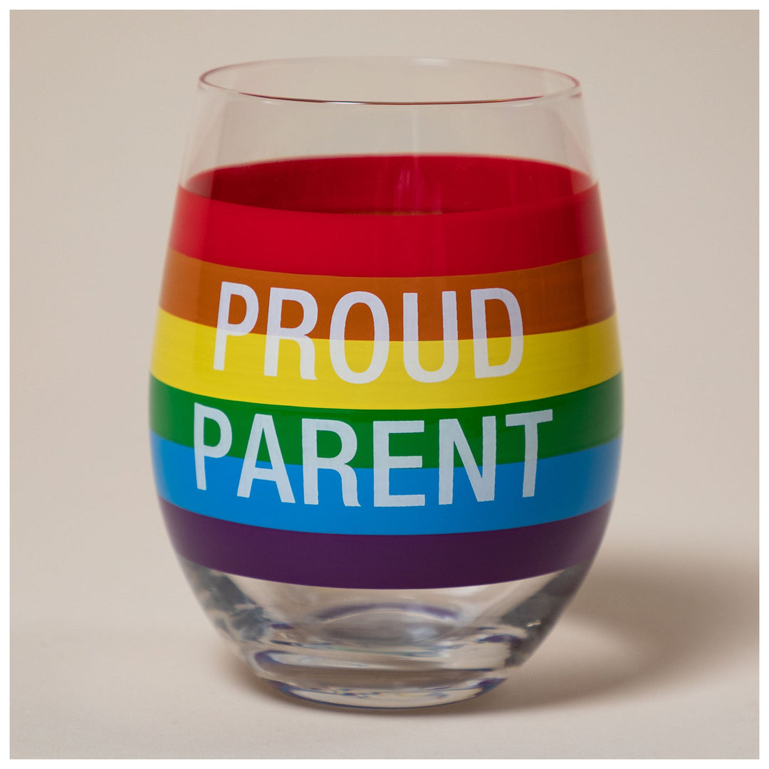 Stemless wine glass with rainbow stripes and “PROUD PARENT” lettering