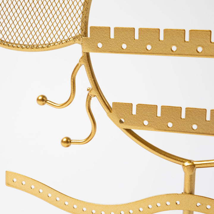 Gold-tone mesh and perforated bar detail with small dangling earring hooks.