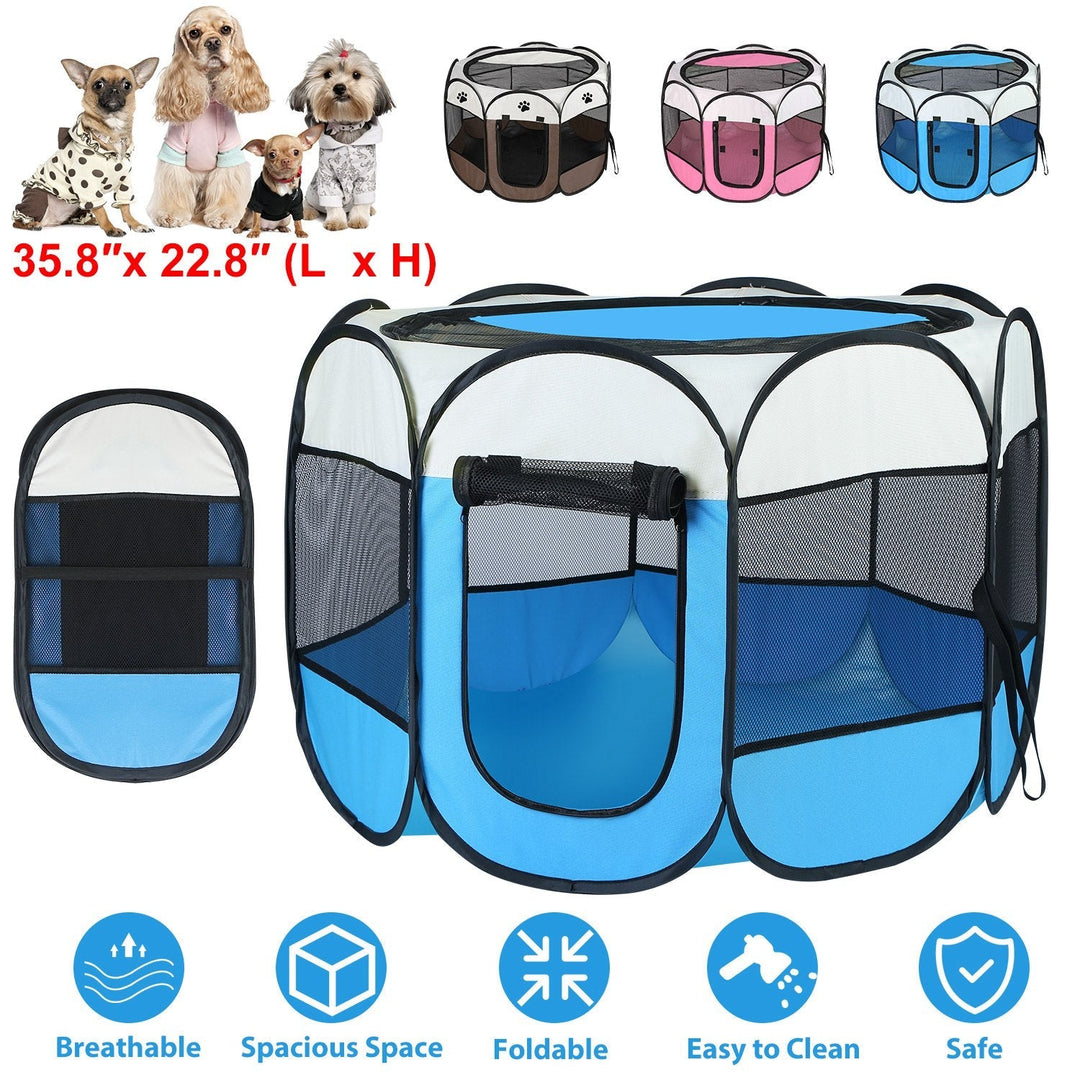 Foldable dog kennel tent with zip doors, mesh walls, and front viewing window, blue.