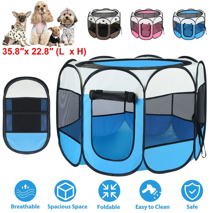 Foldable dog kennel tent with zip doors, mesh walls, and front viewing window, blue.