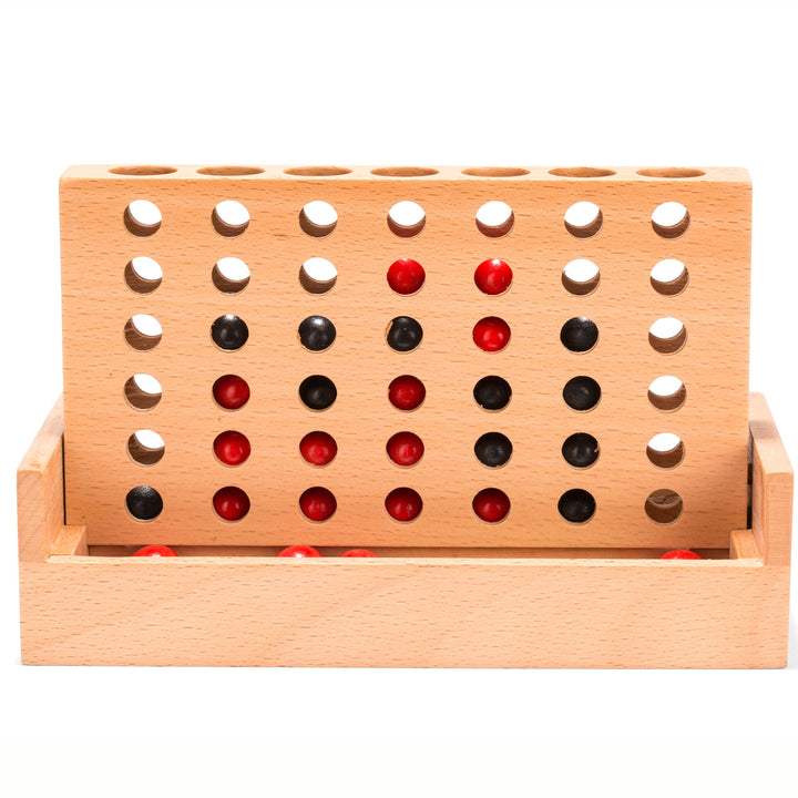 Wooden peg board game board with red and black pegs in open holes