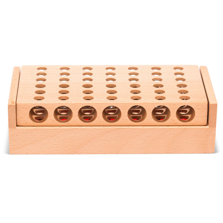 Wooden peg board game base with circular holes for pieces