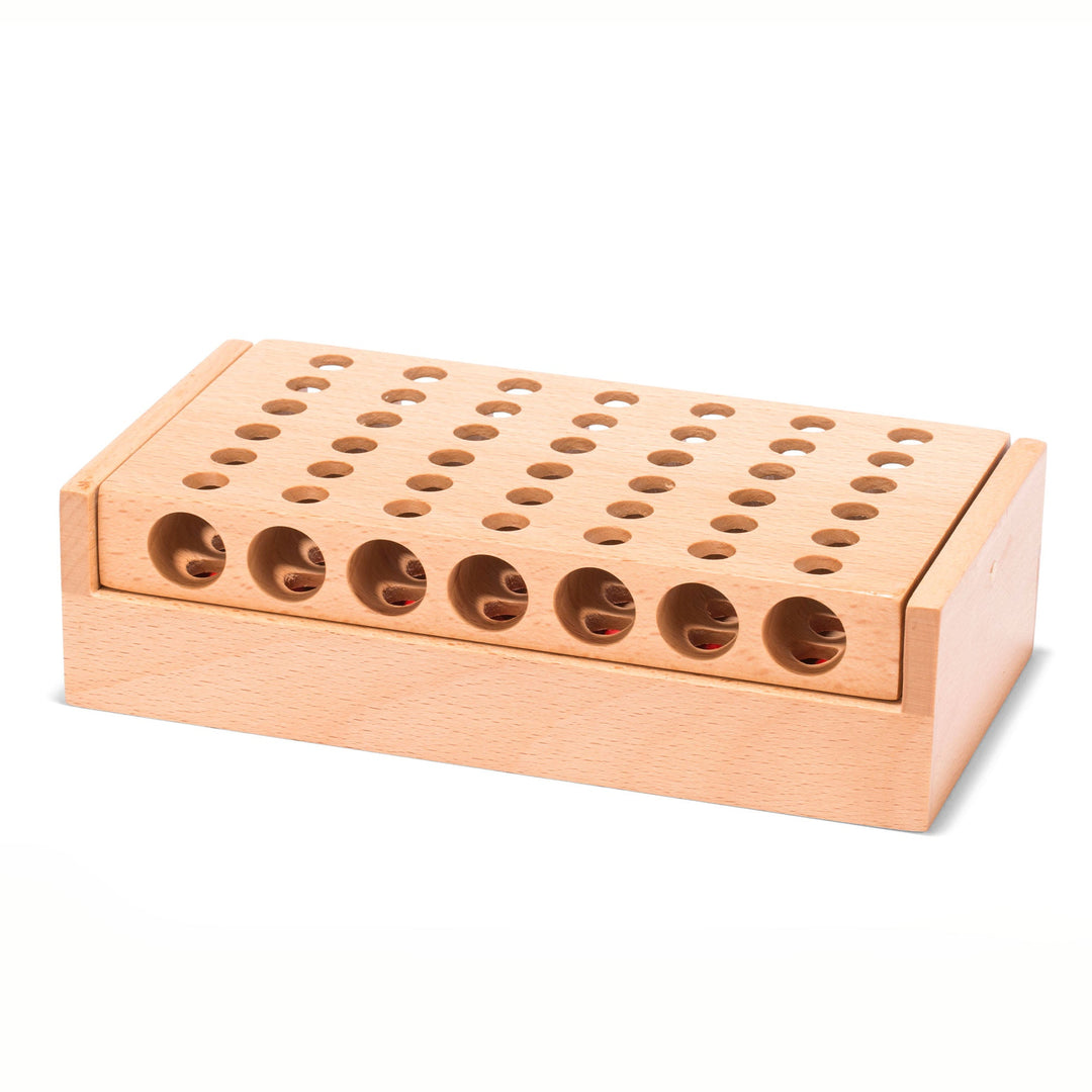 Wooden peg board game tray with row of circular openings