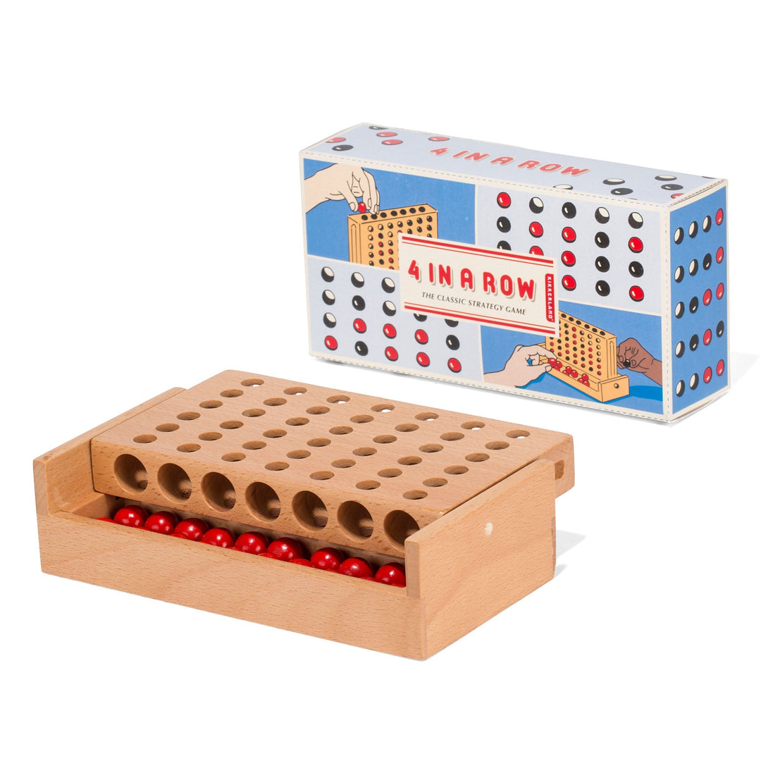 Wooden peg board strategy game with red and black pieces and cardboard product box