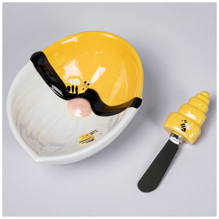 Bee ceramic bowl with yellow interior and black rim, plus matching spreader