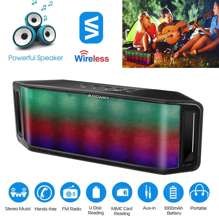 Black wireless speaker with multicolor LED grille and side control panel details