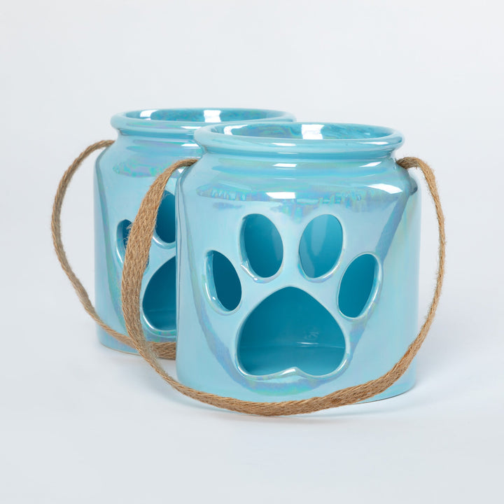Set of 2 blue paw-print glass candle holders with rope handles