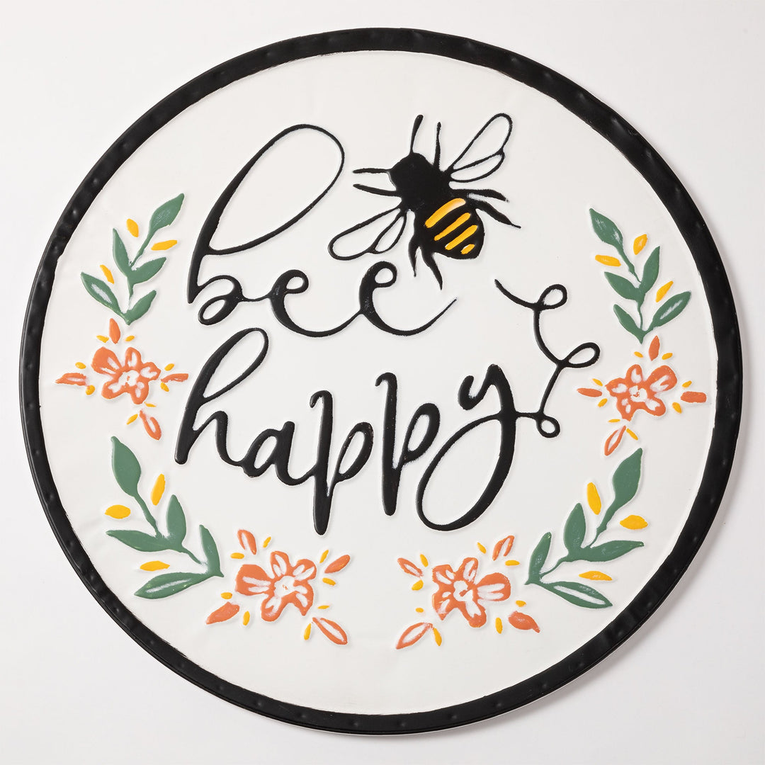 Round wall plaque with bee graphic, floral accents, and &