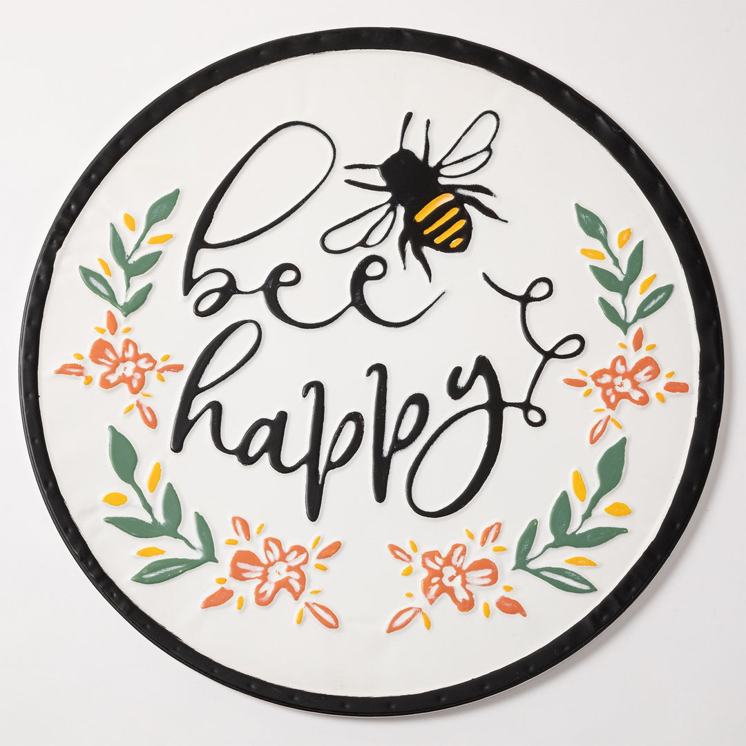 Round wall plaque with bee illustration, colorful flowers, and &
