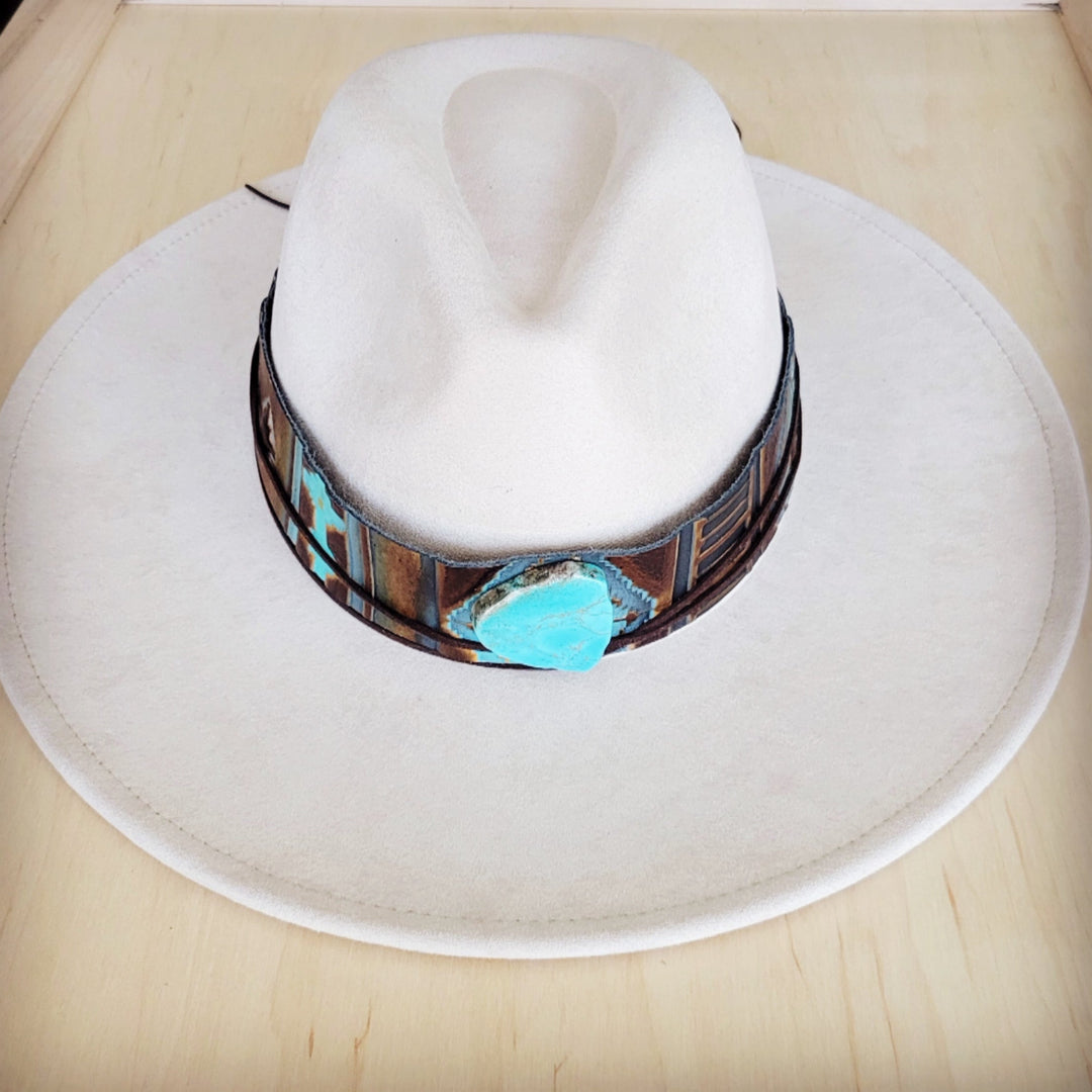 White felt wide-brim hat with Navajo-style wide leather band and turquoise inlay