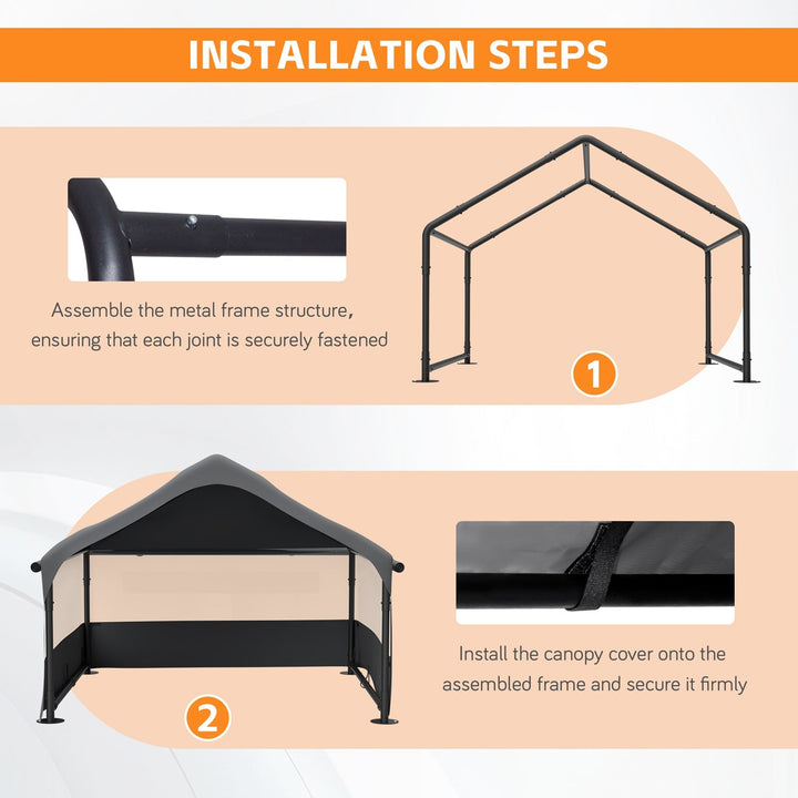 Dog house tent frame and canopy cover shown in setup view