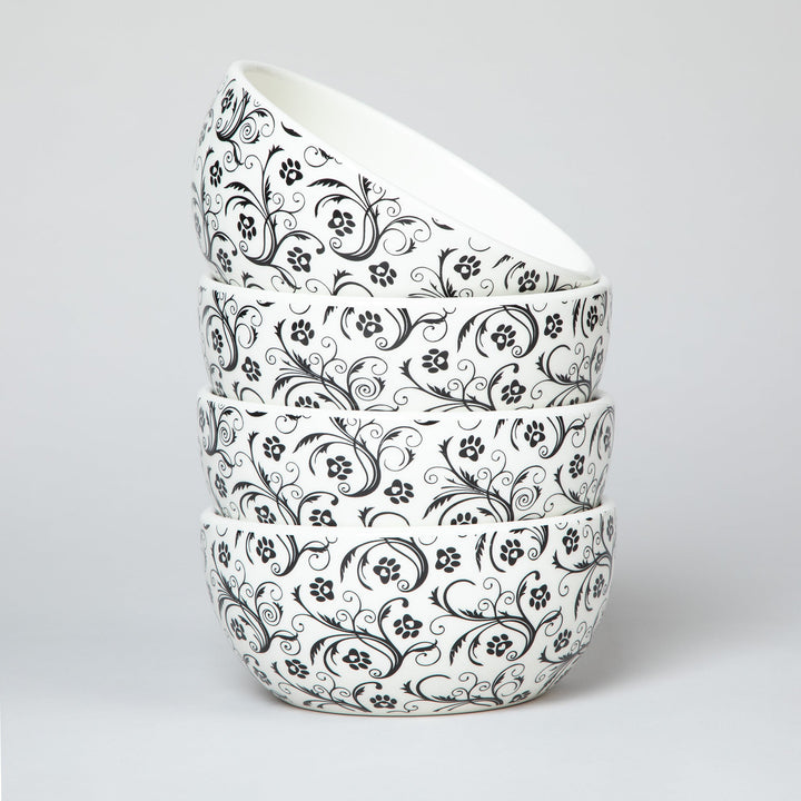 Ceramic soup bowl, white with black paw-swirls pattern