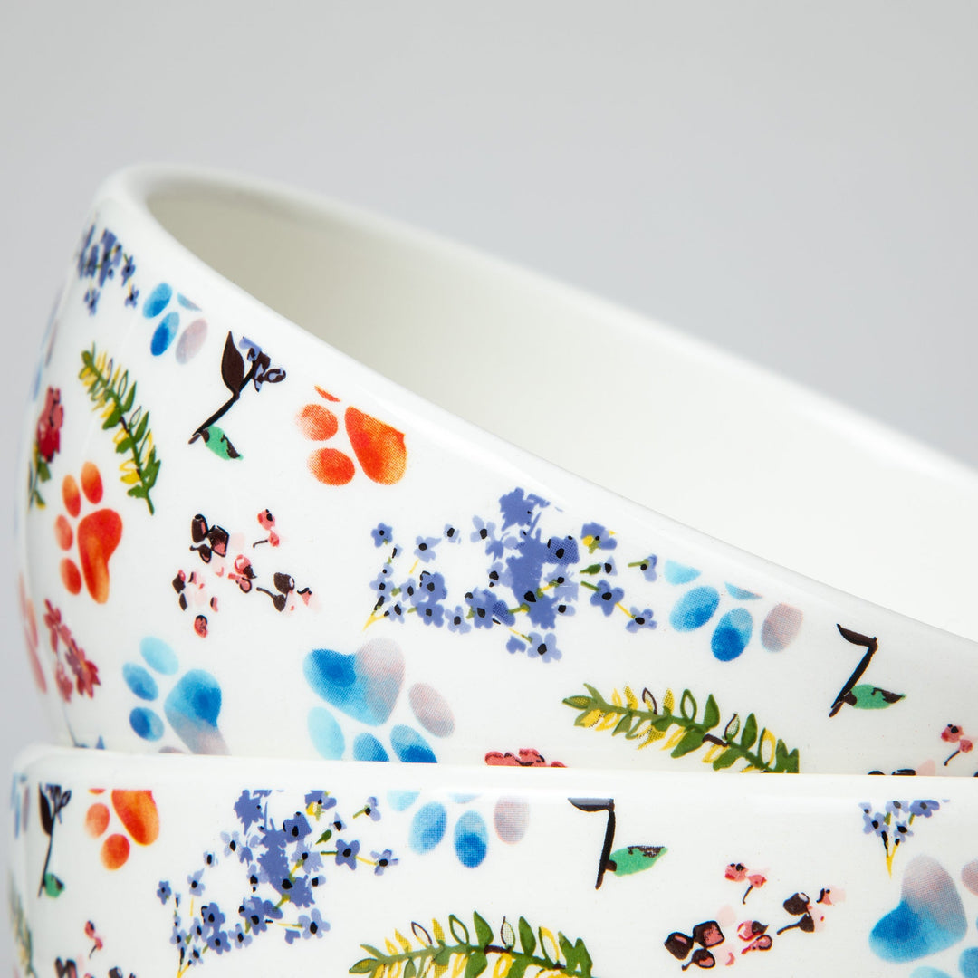 Ceramic bowl rim close-up with blue paw prints and orange paw accents