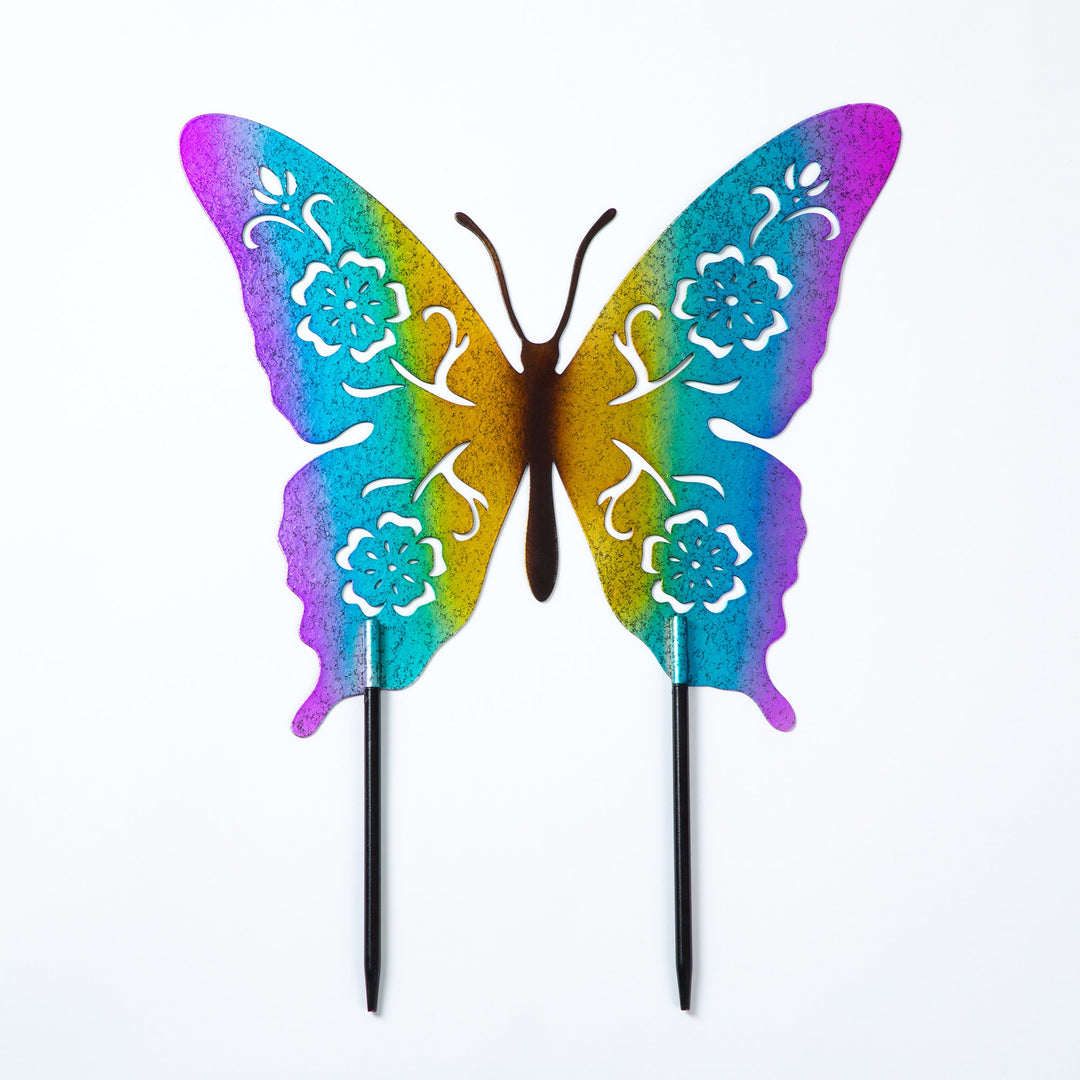Two butterfly silhouette stakes with purple-blue wings and black metal stake stems