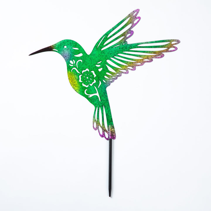 Hummingbird garden stake silhouette with iridescent green and purple metal cutout