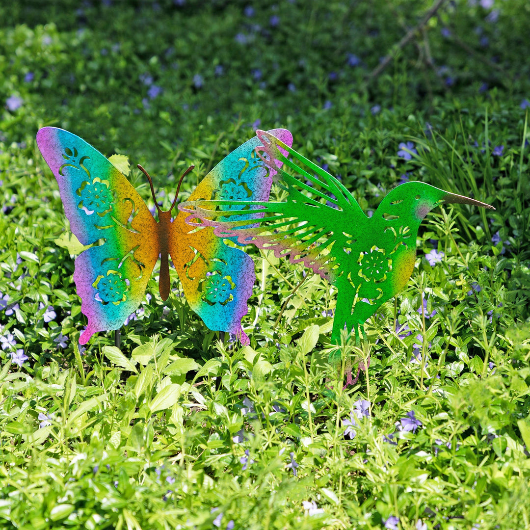 Colorful butterfly silhouette garden stake set with green metal details and pointed wings