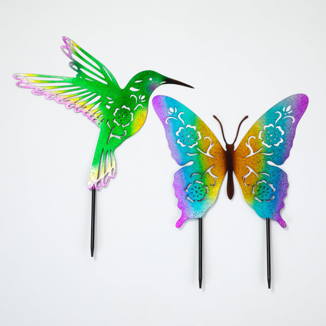 Set of butterfly garden stakes, iridescent purple, green, and blue metal cutouts on poles