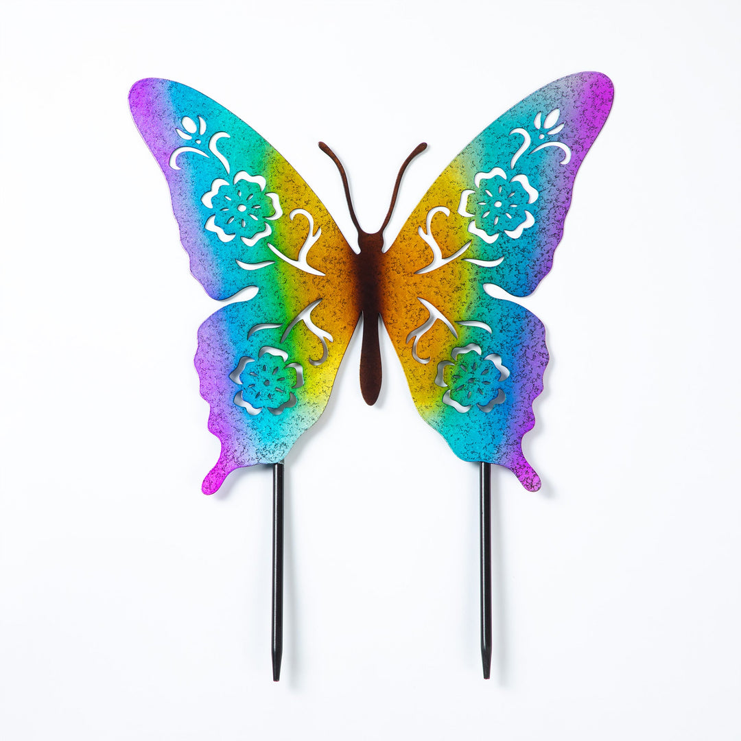 Butterfly pair garden stakes with iridescent purple, blue, and green metal cutouts