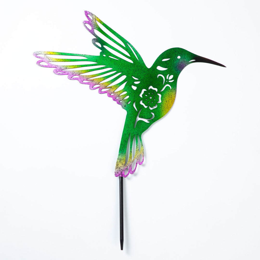 Single hummingbird garden stake with iridescent green, purple, and gold metal cutout