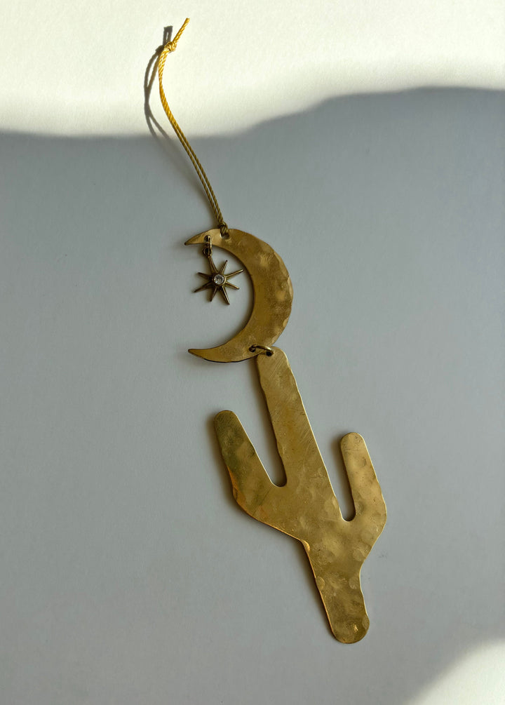 Gold-tone crescent moon and star charm ornament with hanging twine