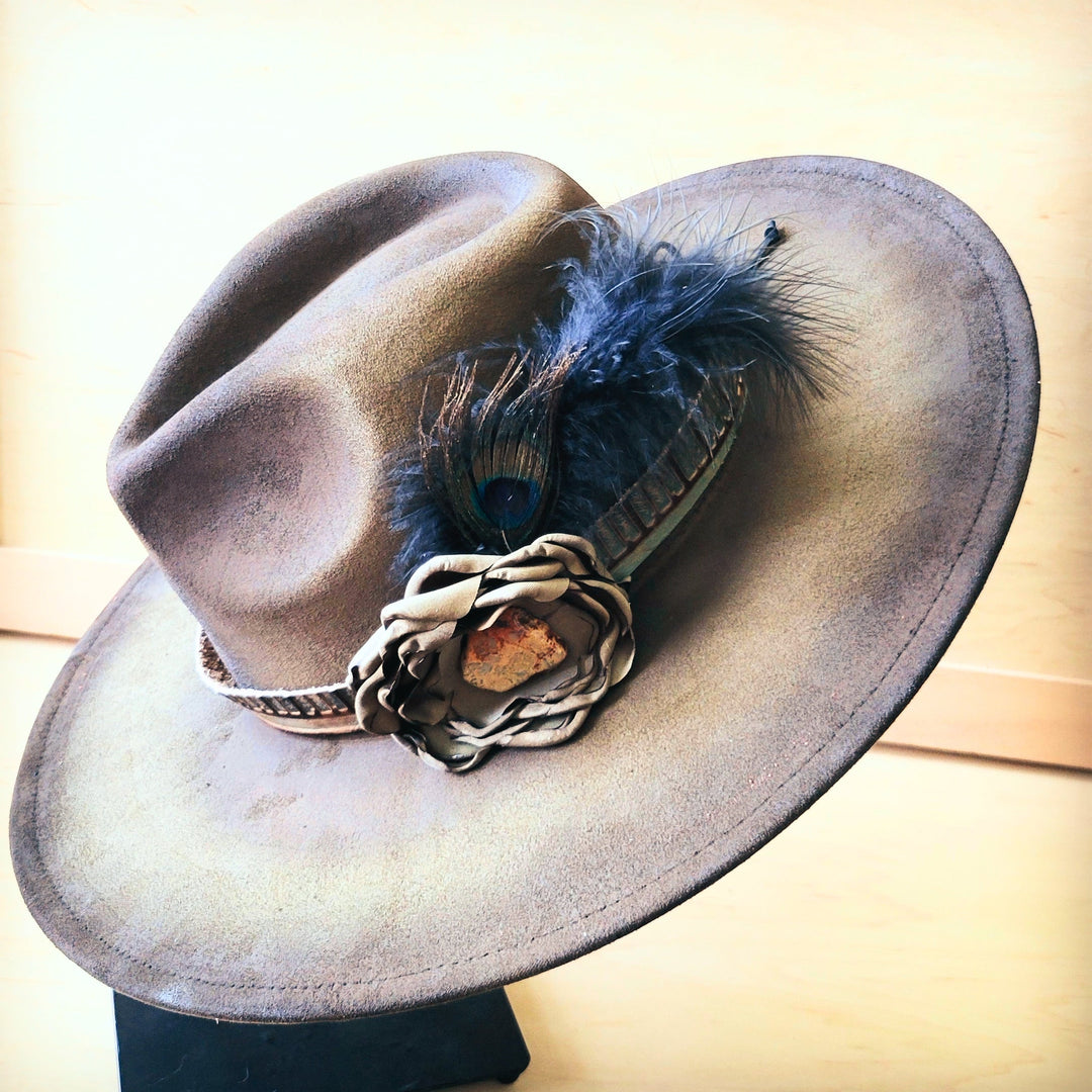 Distressed felt cowgirl hat, gray-olive, with braided hatband and feather accent