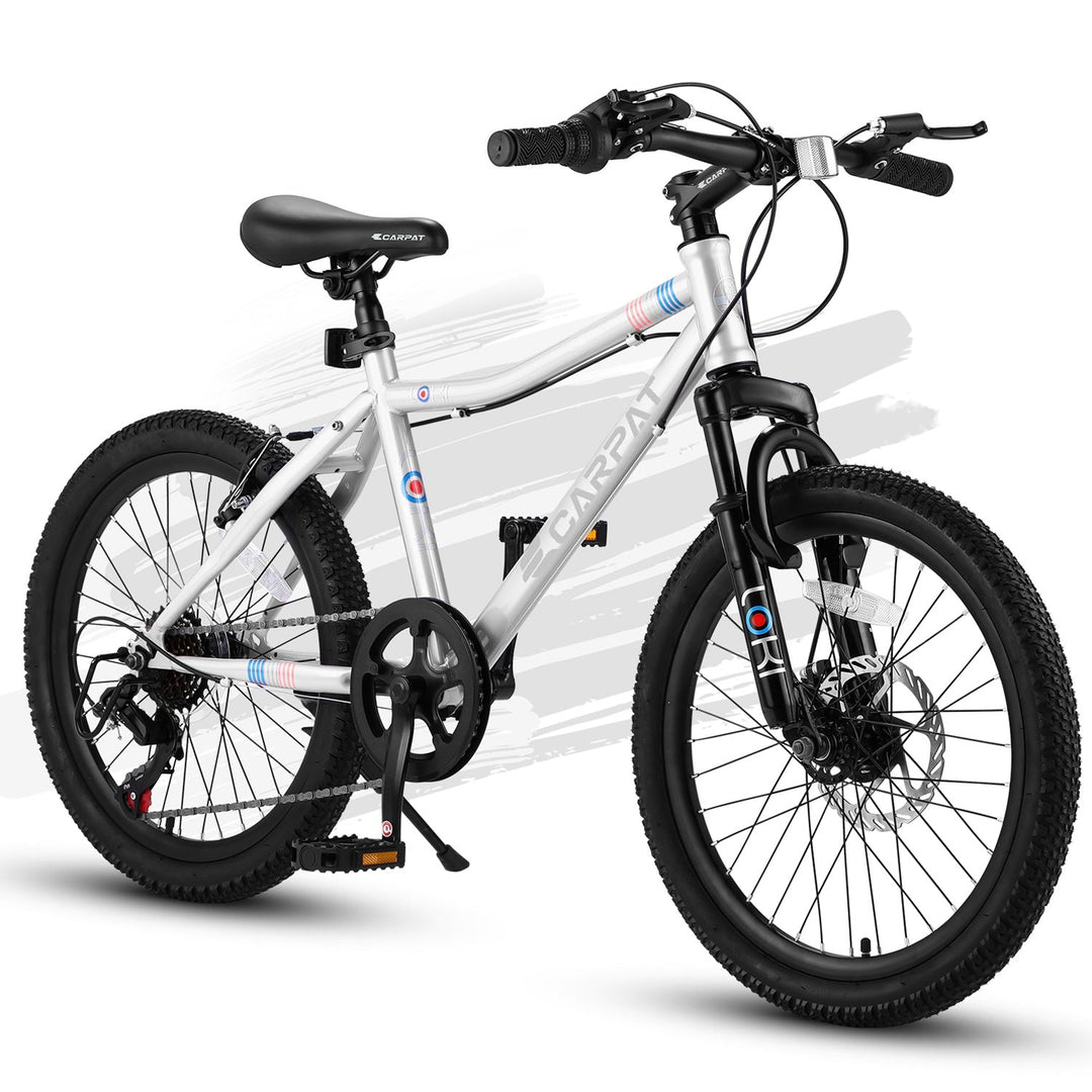 Kids mountain bike with front suspension fork, black handlebar grips, knobby 20-inch tires
