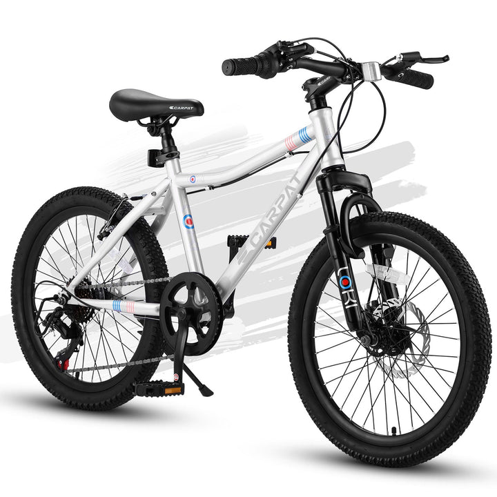 Kids 20-inch mountain bike in white and black with front suspension and disc brake rotor
